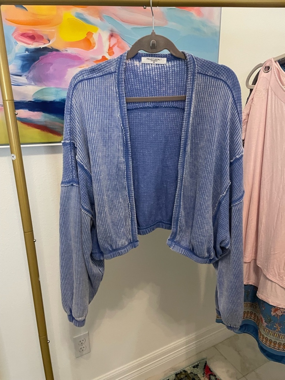 Project Social T Washed Blue Cropped Waffle Cardigan‎ Large